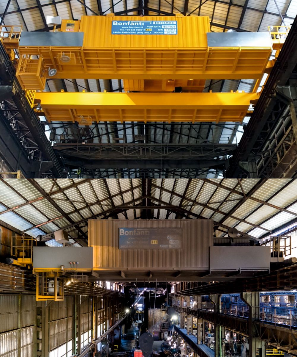 our overhead crane at the start of its service life, side by side with the same machine after years of intense operation in a harsh industrial environment.